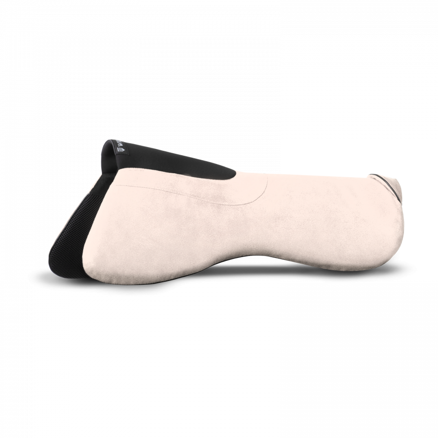 A white saddle half pad with black trim designed for dressage, featuring technology layers for comfort and saddle stability.
