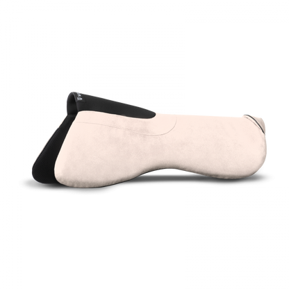 A white saddle half pad with black trim designed for dressage, featuring technology layers for comfort and saddle stability.