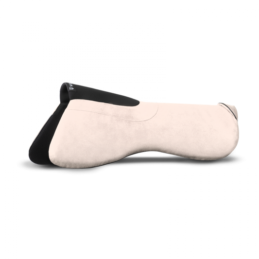 A white saddle half pad with black trim designed for dressage, featuring technology layers for comfort and saddle stability.